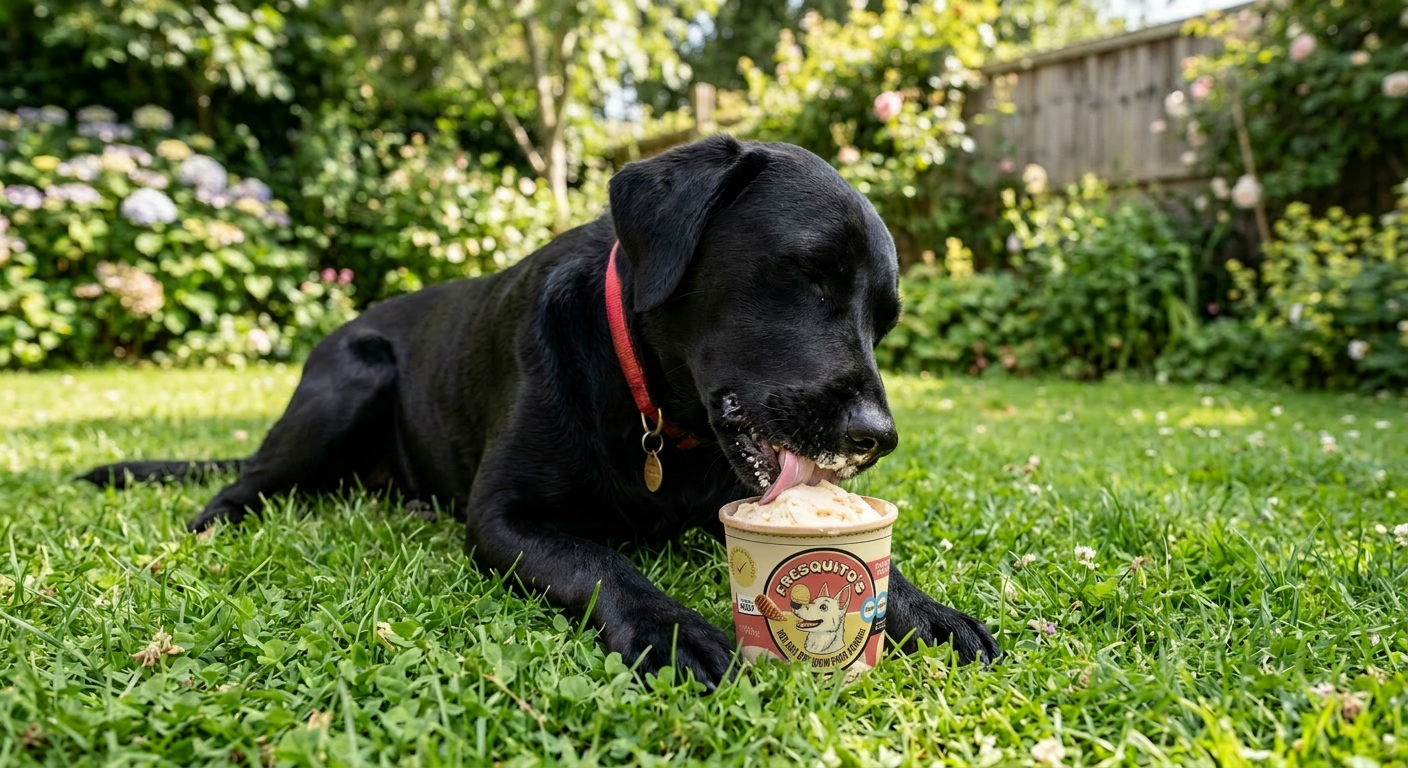 Labrador disfrutando un Fresquito's en el jardín